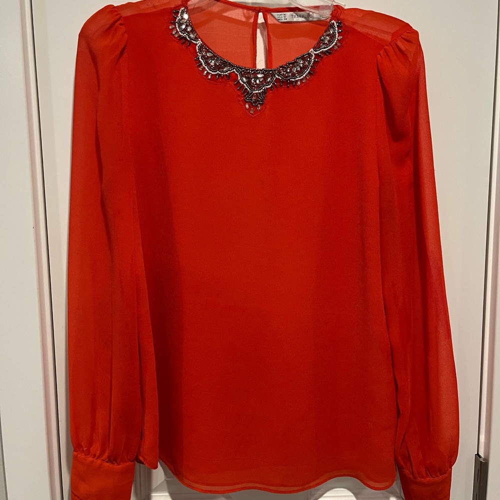 ZARA Beaded Collar Sheer Blouse